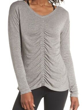 Zella Heather Gray Ruched V‑Neck Long Sleeve Top